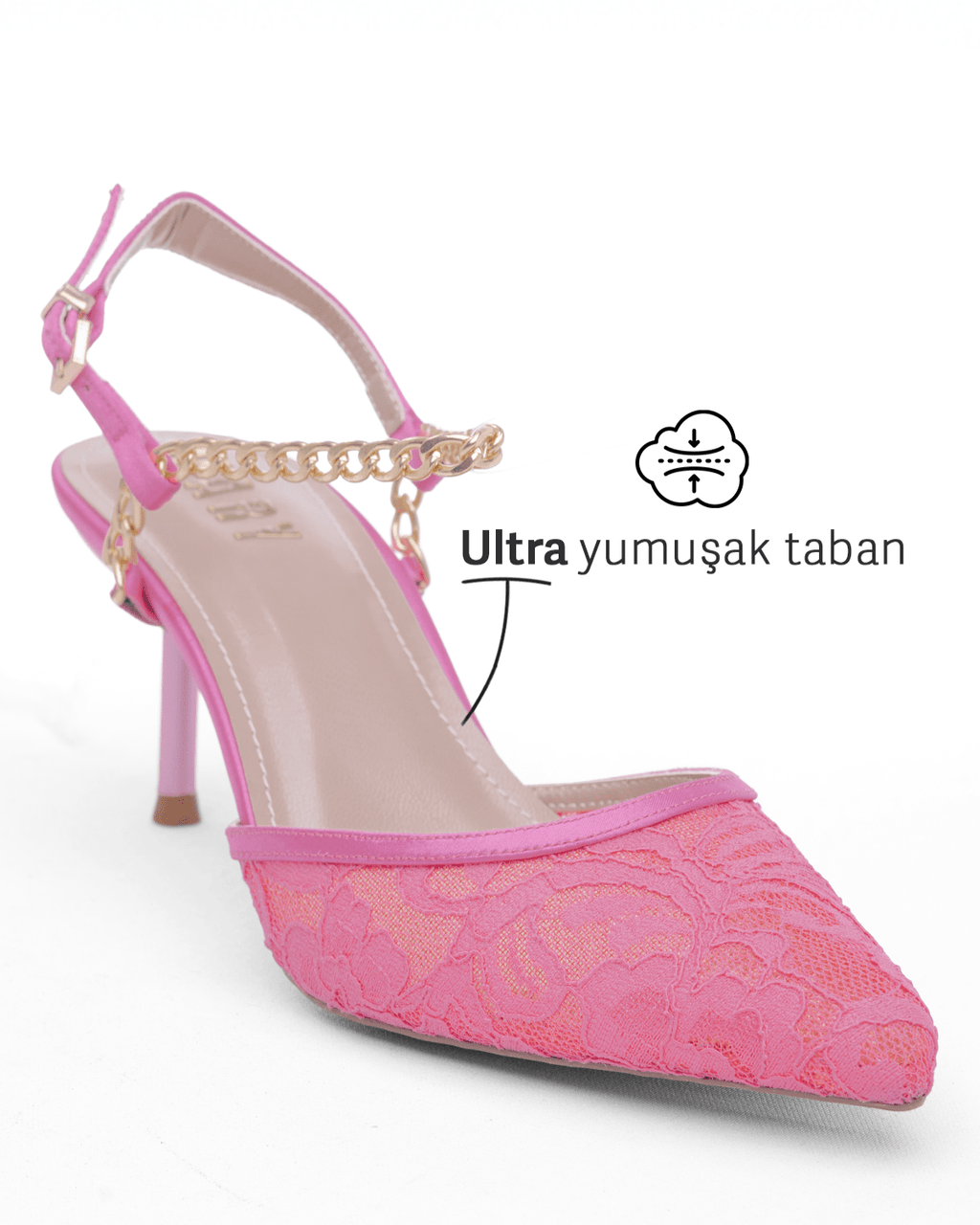 Kadın Zincir Detaylı Dantel Sivri Burun Topuklu Ayakkabı - Mary Shoes