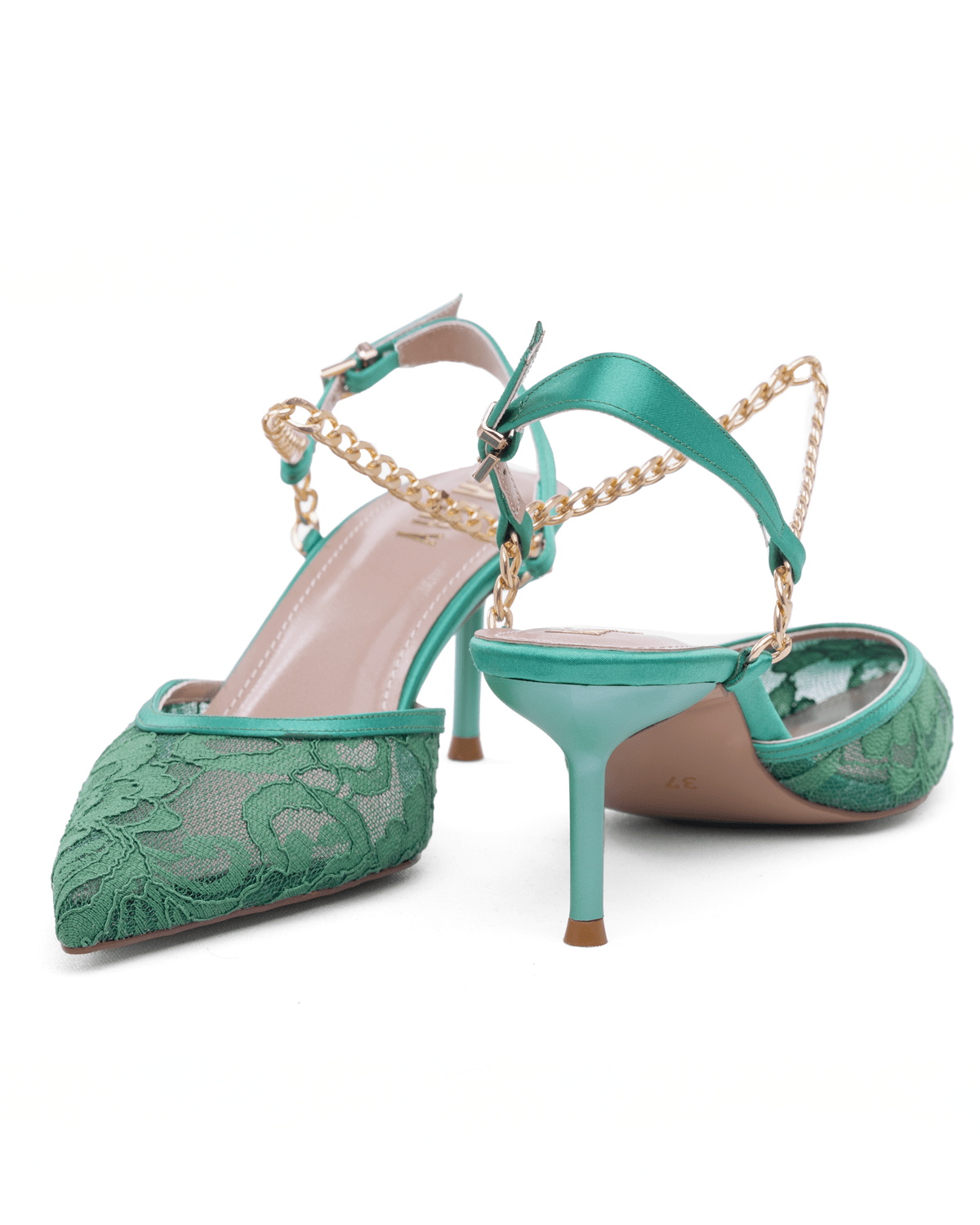 Kadın Zincir Detaylı Dantel Sivri Burun Topuklu Ayakkabı - Mary Shoes