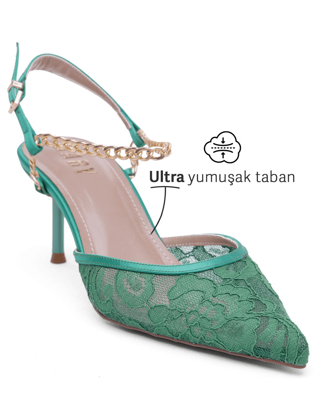 Kadın Zincir Detaylı Dantel Sivri Burun Topuklu Ayakkabı - Mary Shoes