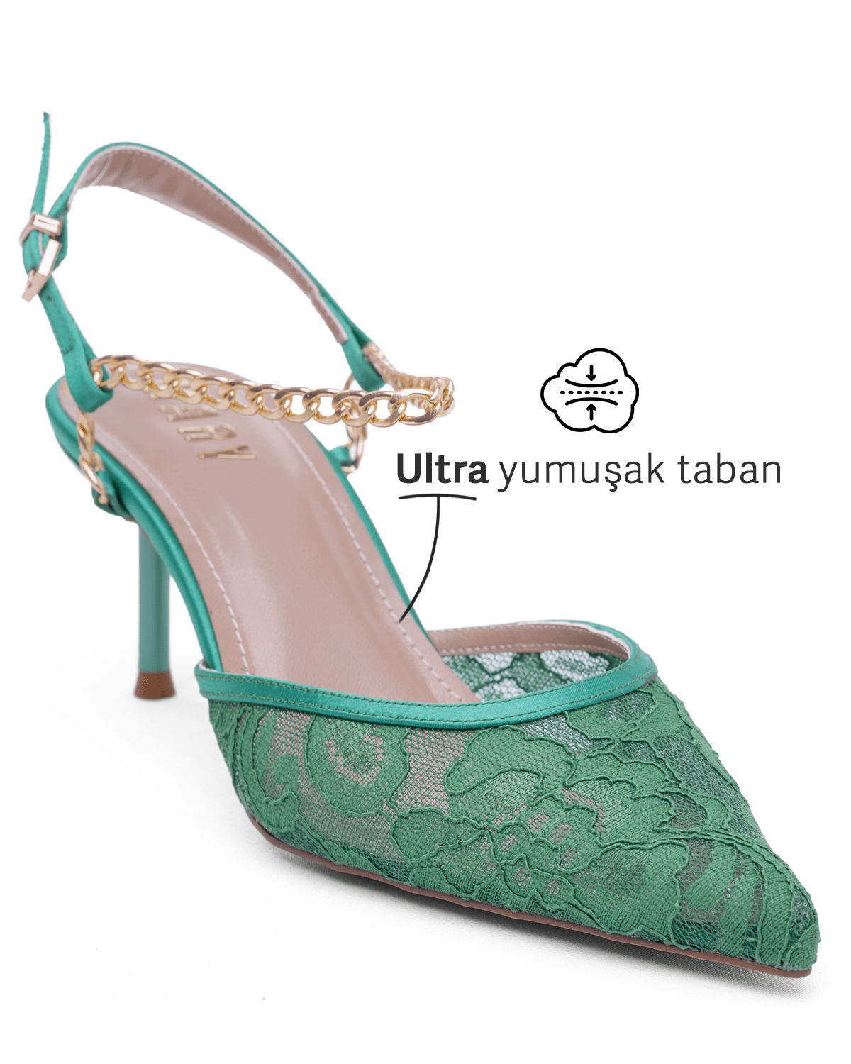 Kadın Zincir Detaylı Dantel Sivri Burun Topuklu Ayakkabı - Mary Shoes