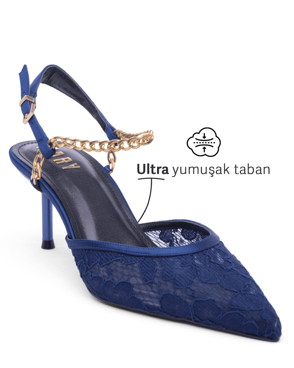 Kadın Zincir Detaylı Dantel Sivri Burun Topuklu Ayakkabı - Mary Shoes
