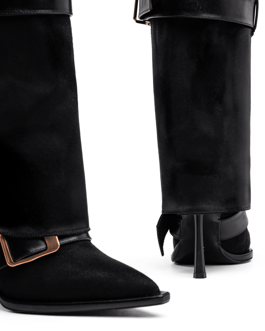 Süet Üstü Tokalı İnce Topuklu Diz Boyu Kadın Çizme – Şık ve Modern Tasarım - Mary Shoes