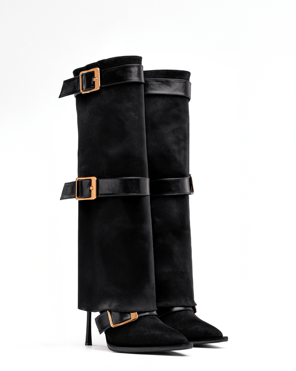 Süet Üstü Tokalı İnce Topuklu Diz Boyu Kadın Çizme – Şık ve Modern Tasarım - Mary Shoes