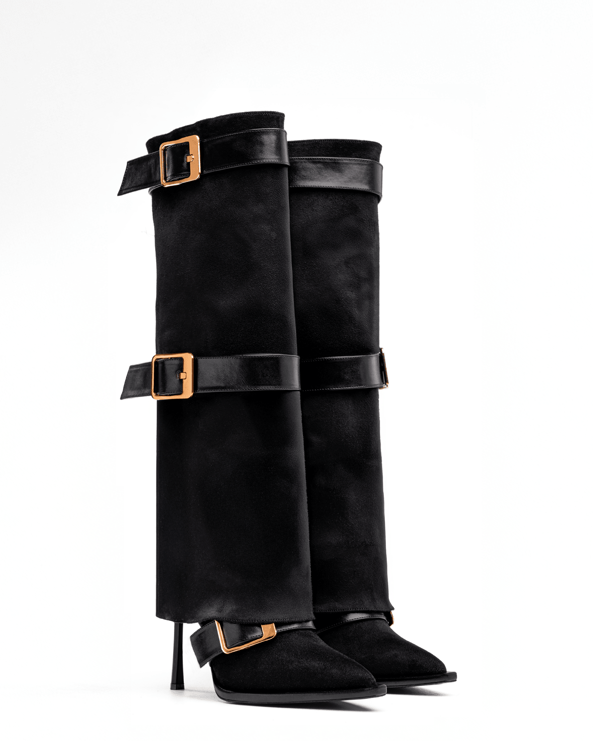 Süet Üstü Tokalı İnce Topuklu Diz Boyu Kadın Çizme – Şık ve Modern Tasarım - Mary Shoes