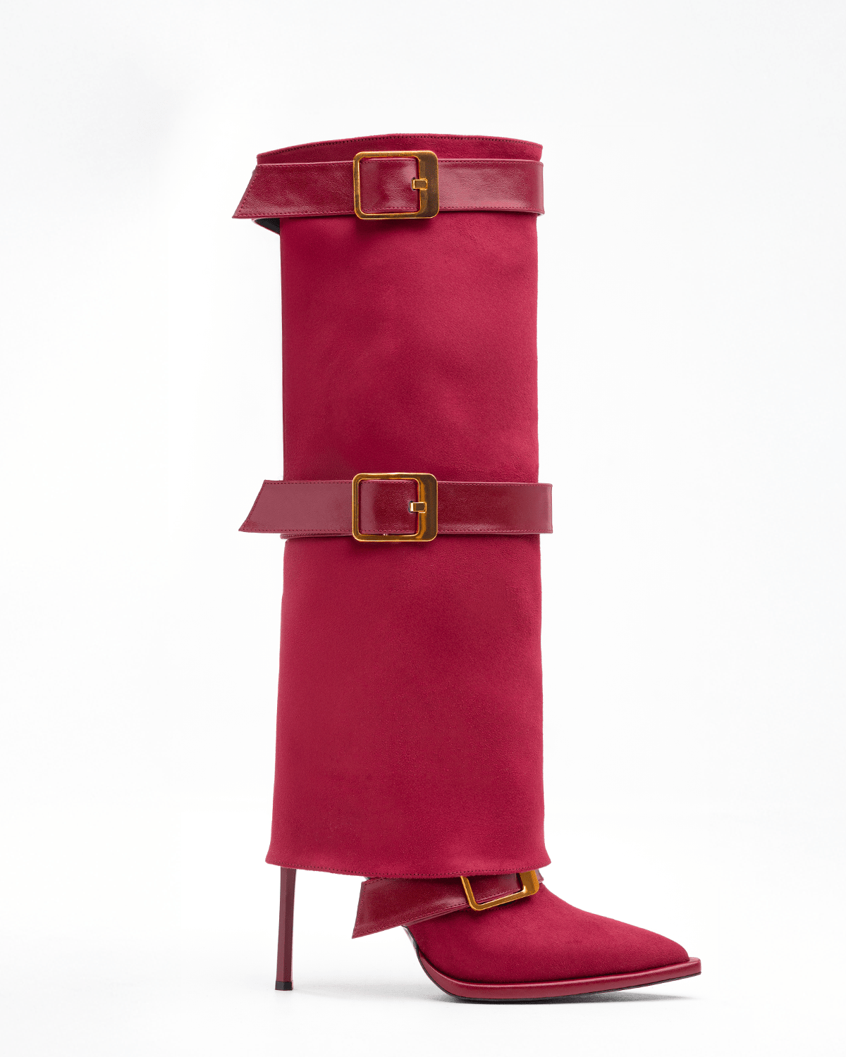 Süet Üstü Tokalı İnce Topuklu Diz Boyu Kadın Çizme – Şık ve Modern Tasarım - Mary Shoes