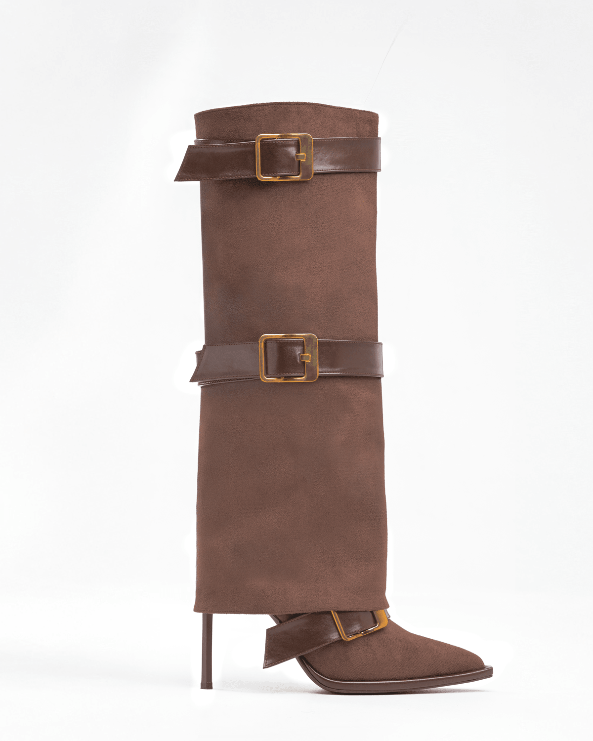 Süet Üstü Tokalı İnce Topuklu Diz Boyu Kadın Çizme – Şık ve Modern Tasarım - Mary Shoes