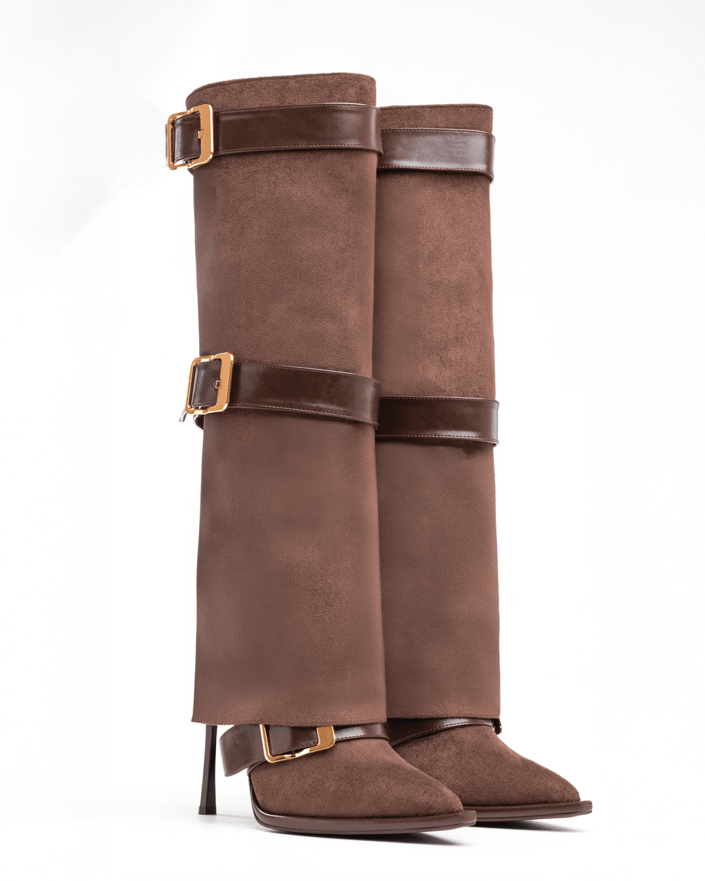 Süet Üstü Tokalı İnce Topuklu Diz Boyu Kadın Çizme – Şık ve Modern Tasarım - Mary Shoes