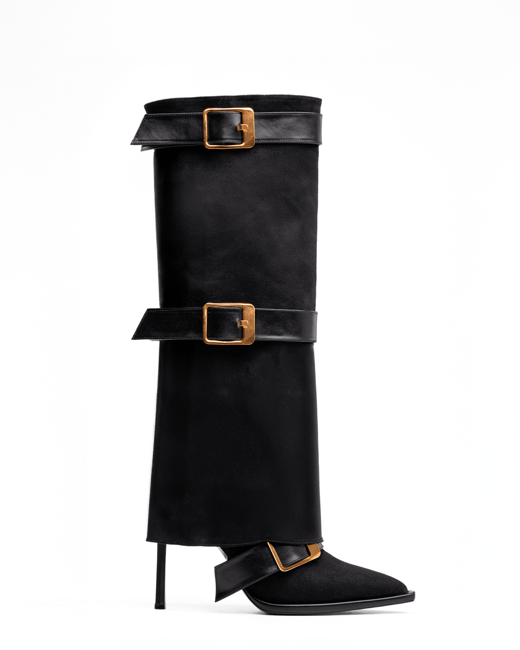 Süet Üstü Tokalı İnce Topuklu Diz Boyu Kadın Çizme – Şık ve Modern Tasarım - Mary Shoes