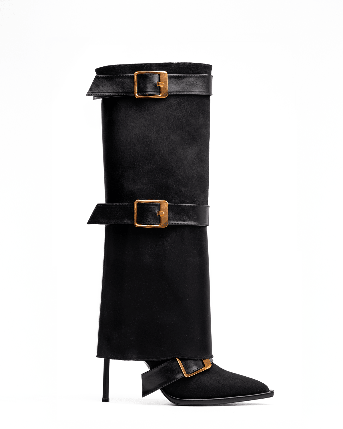 Süet Üstü Tokalı İnce Topuklu Diz Boyu Kadın Çizme – Şık ve Modern Tasarım - Mary Shoes